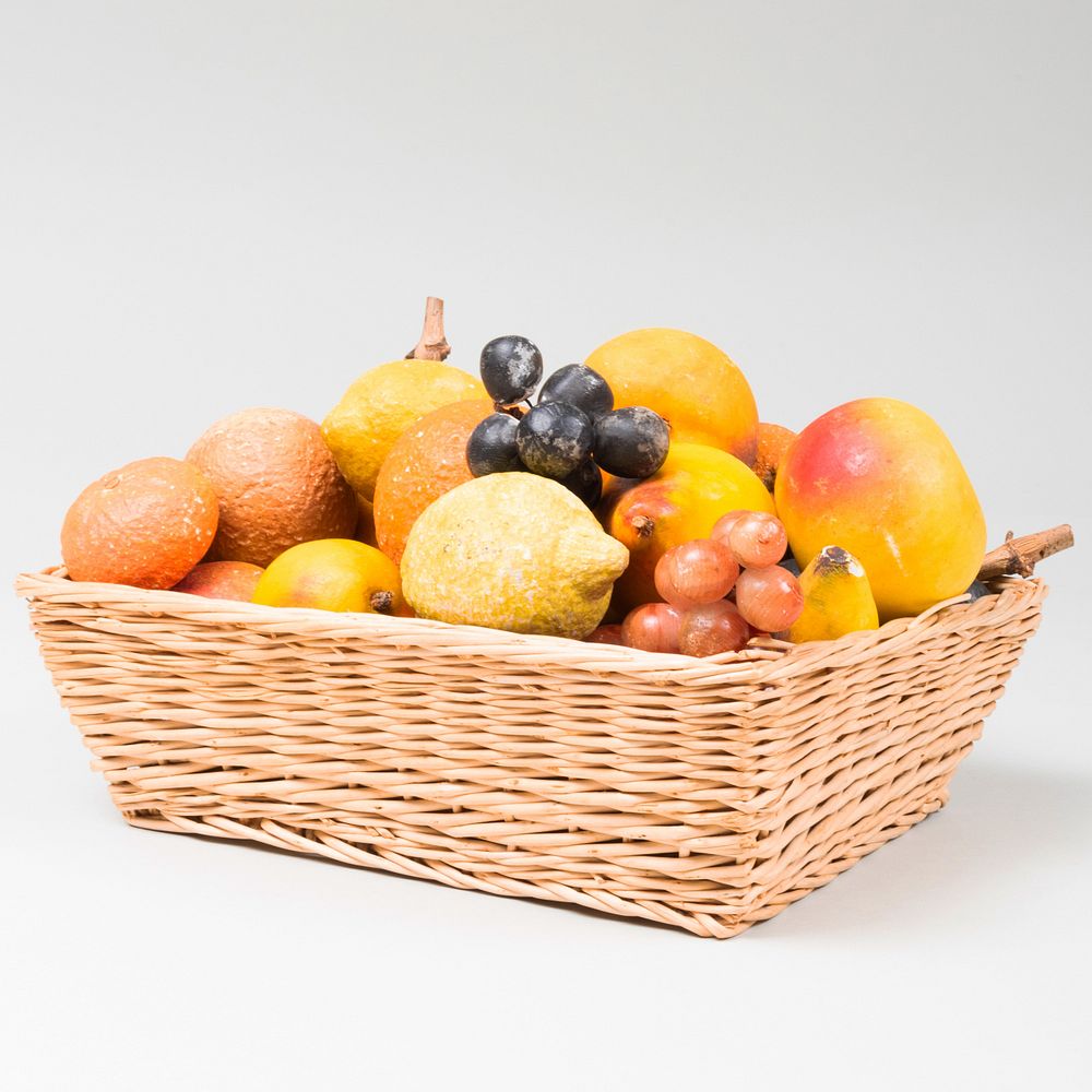 Appraisal: Bushell of Stone Fruit in a Basket Including Grape clusters