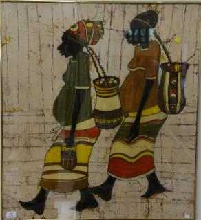 Appraisal: African Nigerian Batik dye cloth of two people walking with