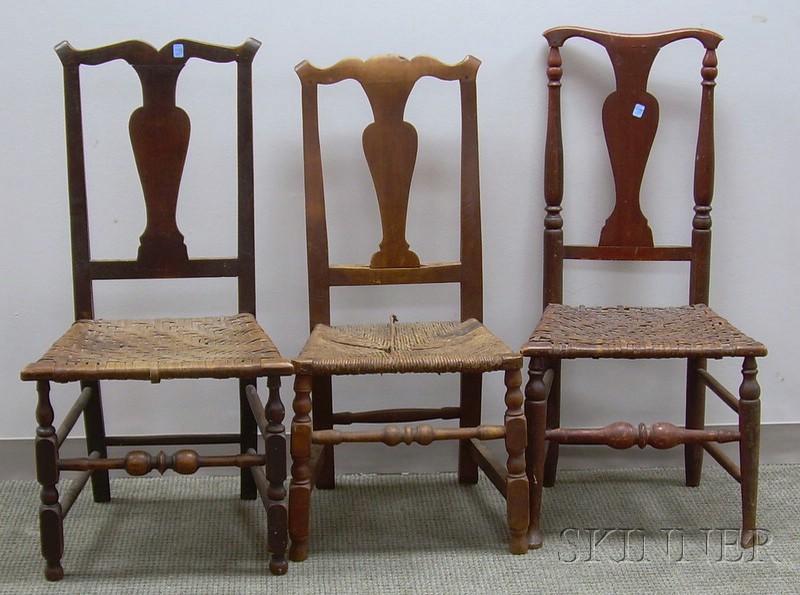 Appraisal: Three th Century Queen Anne Painted Side Chairs with Splint