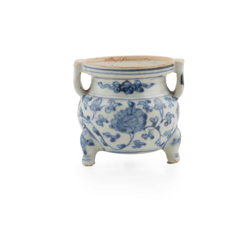 Appraisal: BLUE AND WHITE TRIPOD CENSER MING DYNASTY sturdily potted raised