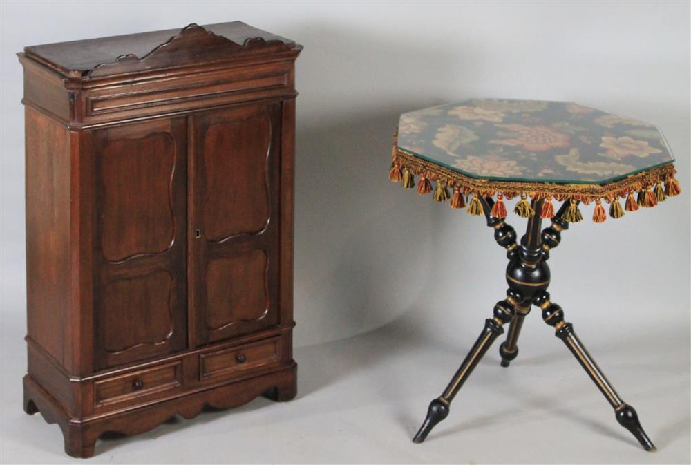 Appraisal: MINIATURE MAHOGANY ARMOIRE AND EBONY PAINTED OCTAGONAL TABLE WITH TRIPOD