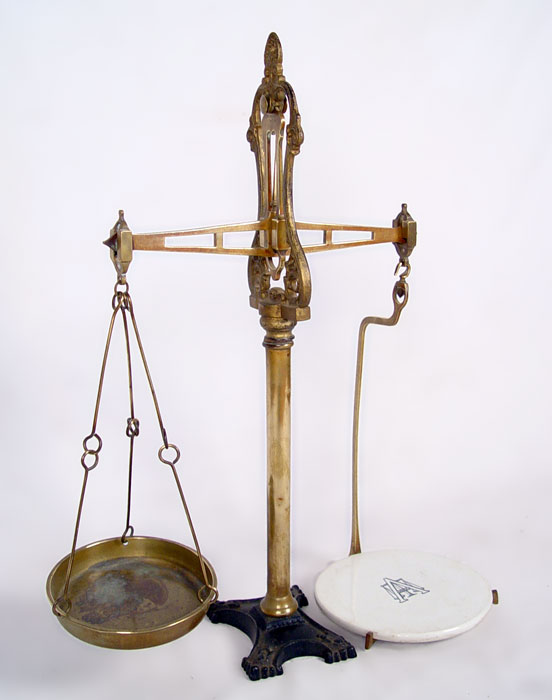 Appraisal: ENGLISH AVERY SHOP BALANCE SCALE Brass center column with cast