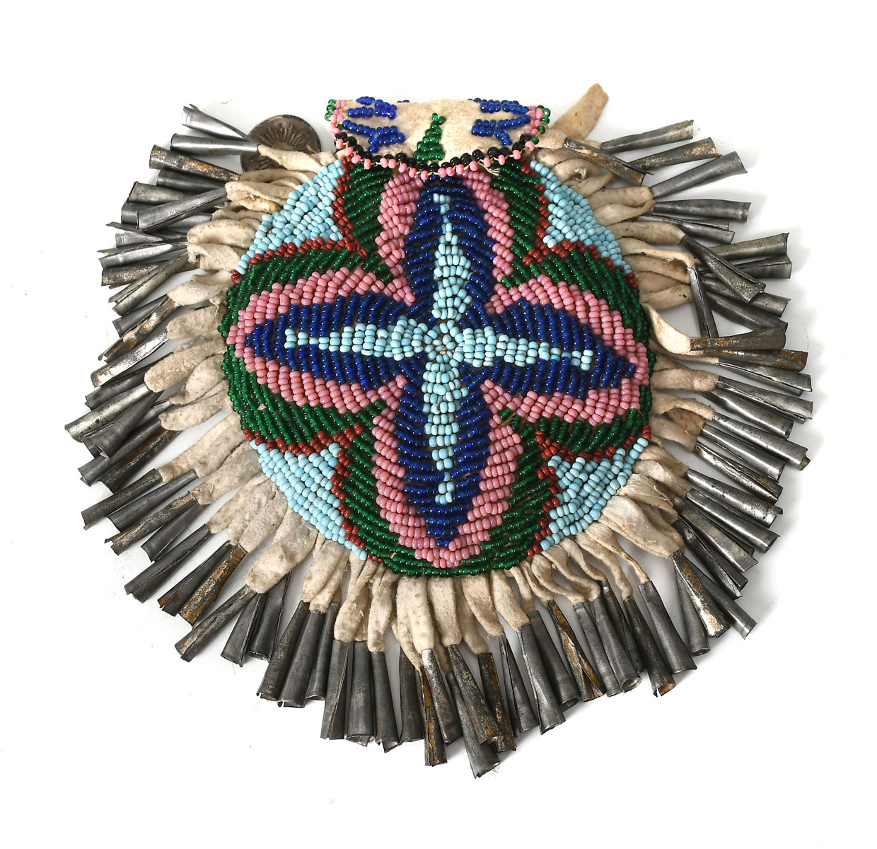 Appraisal: NATIVE AMERICAN APACHE CIRCULAR BEADED BUCKSKIN BAG Native American Apache