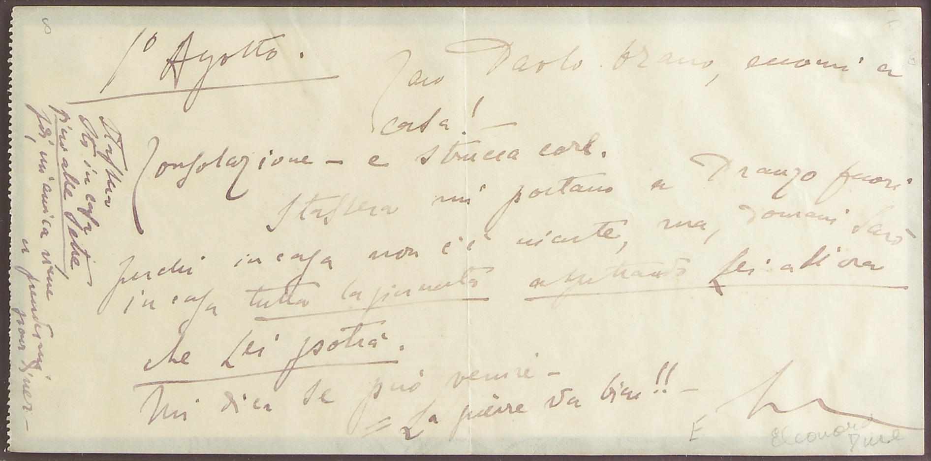 Appraisal: DUSE ELEONORA - Autograph Letter Signed ''E Duse'' p oblong