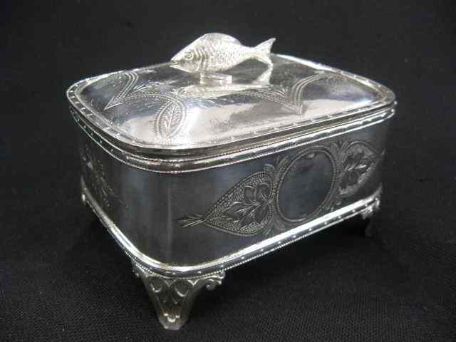 Appraisal: Victorian Silverplate Sardine Box figural finial footed by Rogers Smith