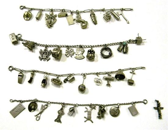 Appraisal: Four silver charm bracelets featuring numerous charms including plaque reading