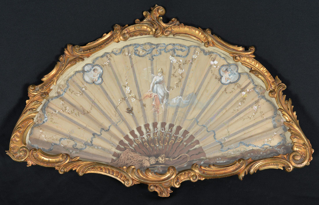 Appraisal: PAINTED SILK FAN IN FRAME Neo-Classical paint decorated motif including