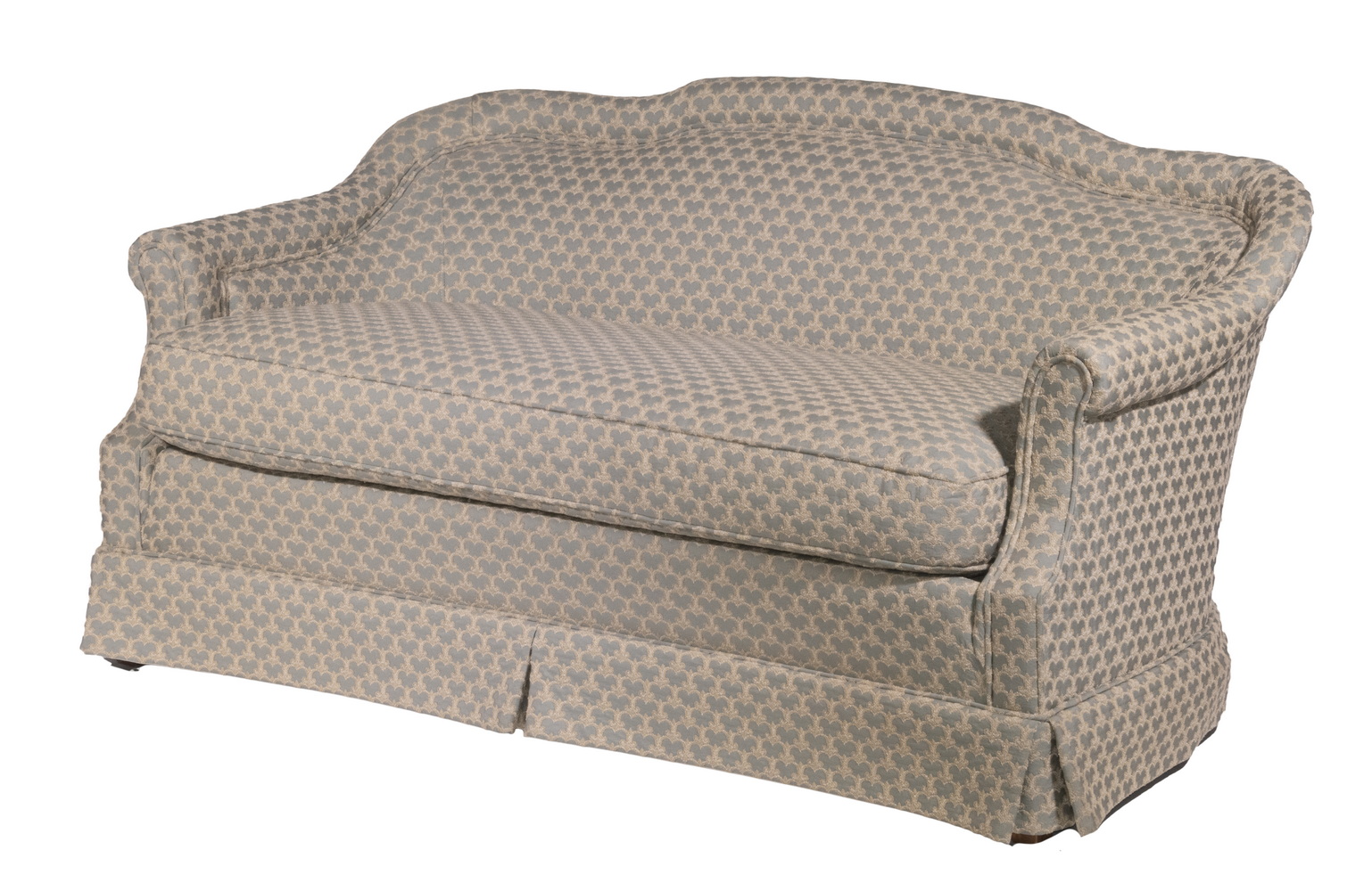 Appraisal: UPHOLSTERED LOVESEAT Custom Settee with shaped back rolled arms green