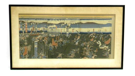 Appraisal: ASIAN Edo period woodblock triptych depicting a military scene possibly