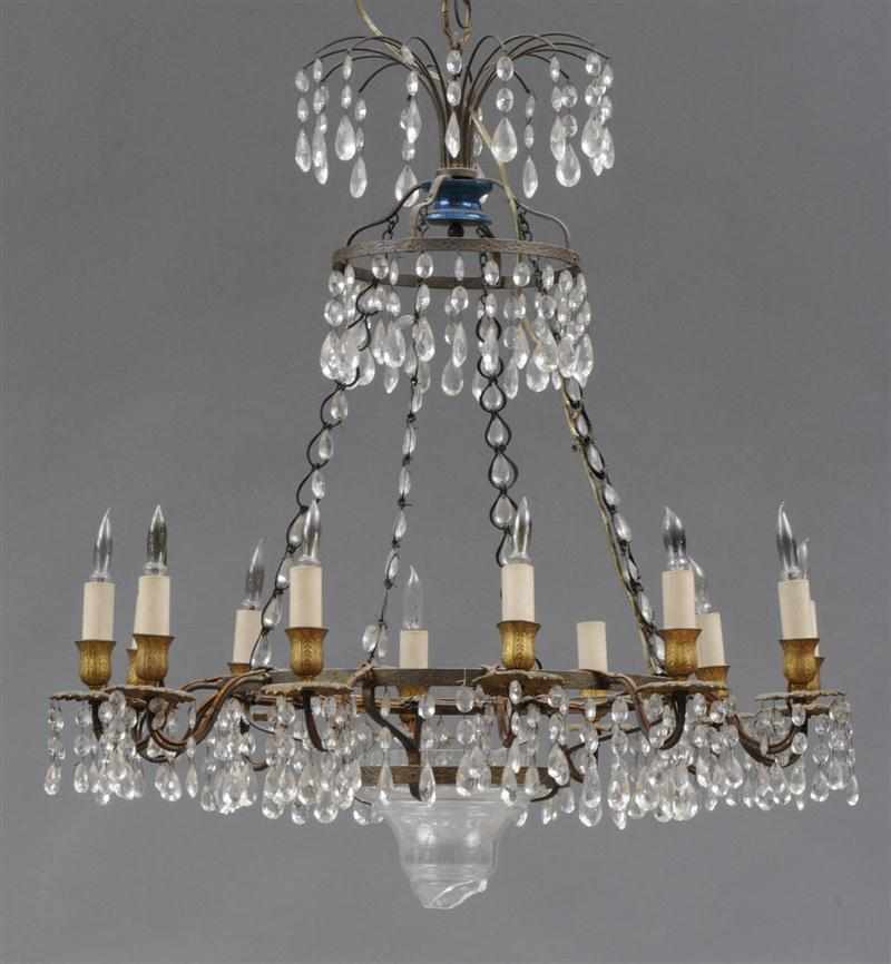 Appraisal: BALTIC EMPIRE STYLE CUT-GLASS MOUNTED GILT-METAL TWELVE-LIGHT CHANDELIER The primary