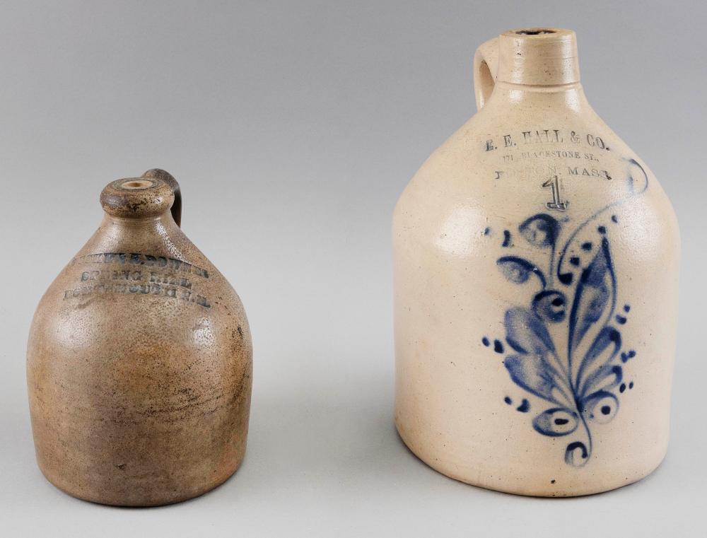 Appraisal: TWO STONEWARE JUGS WITH COBALT BLUE DECORATION LATE TH EARLY