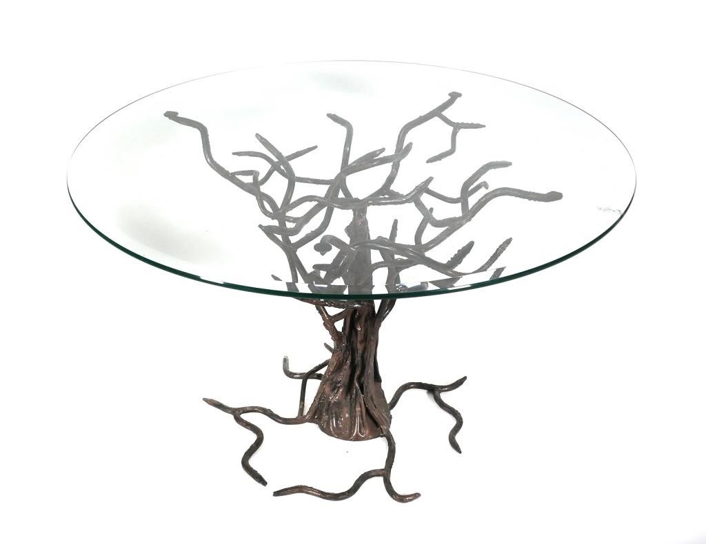 Appraisal: MODERN TREE BRANCH GLASS TOP TABLE WROUGHT IRONBronzed contemporary designer