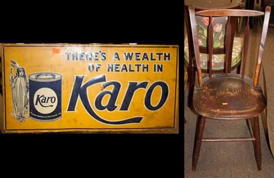 Appraisal: Karo lithograph tin advertising sign and a plank seat windsor