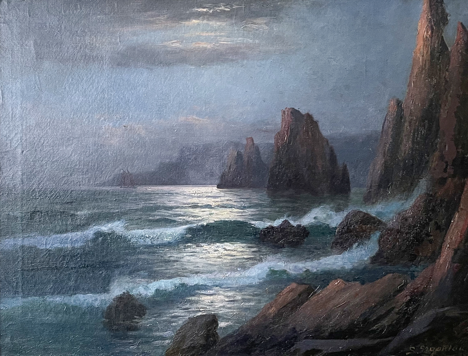 Appraisal: ERGANIAN Sarkis American Turkish - Moonlit Coastal Scene with Crashing