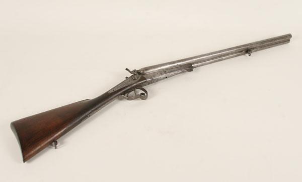 Appraisal: Double barrel shotgun side-by-side nickel plated fowling piece engraved decoration