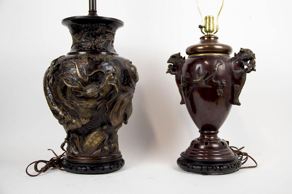 Appraisal: Two Japanese Bronze Lamps One with spectacular dragon design the