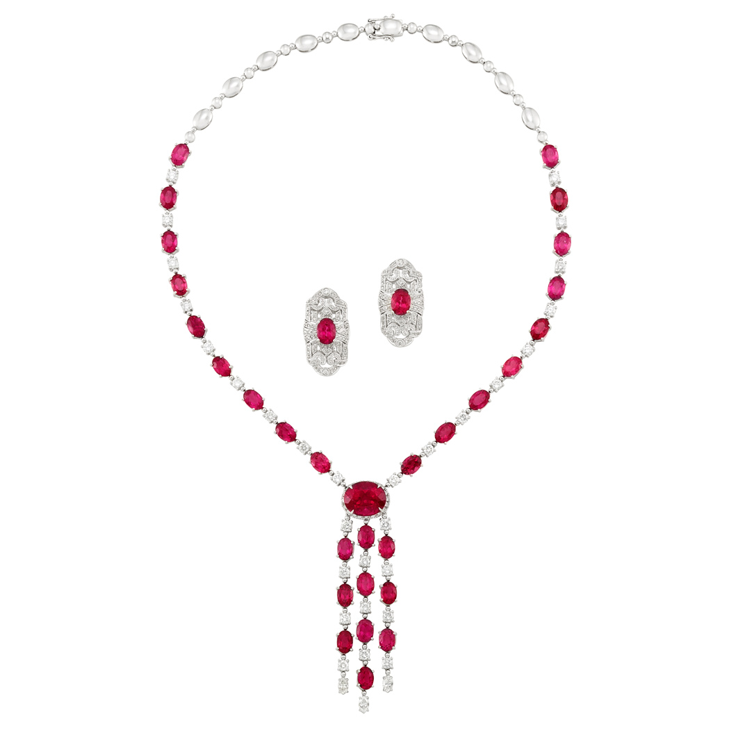 Appraisal: White Gold Rubellite and Diamond Fringe Necklace and Pair of