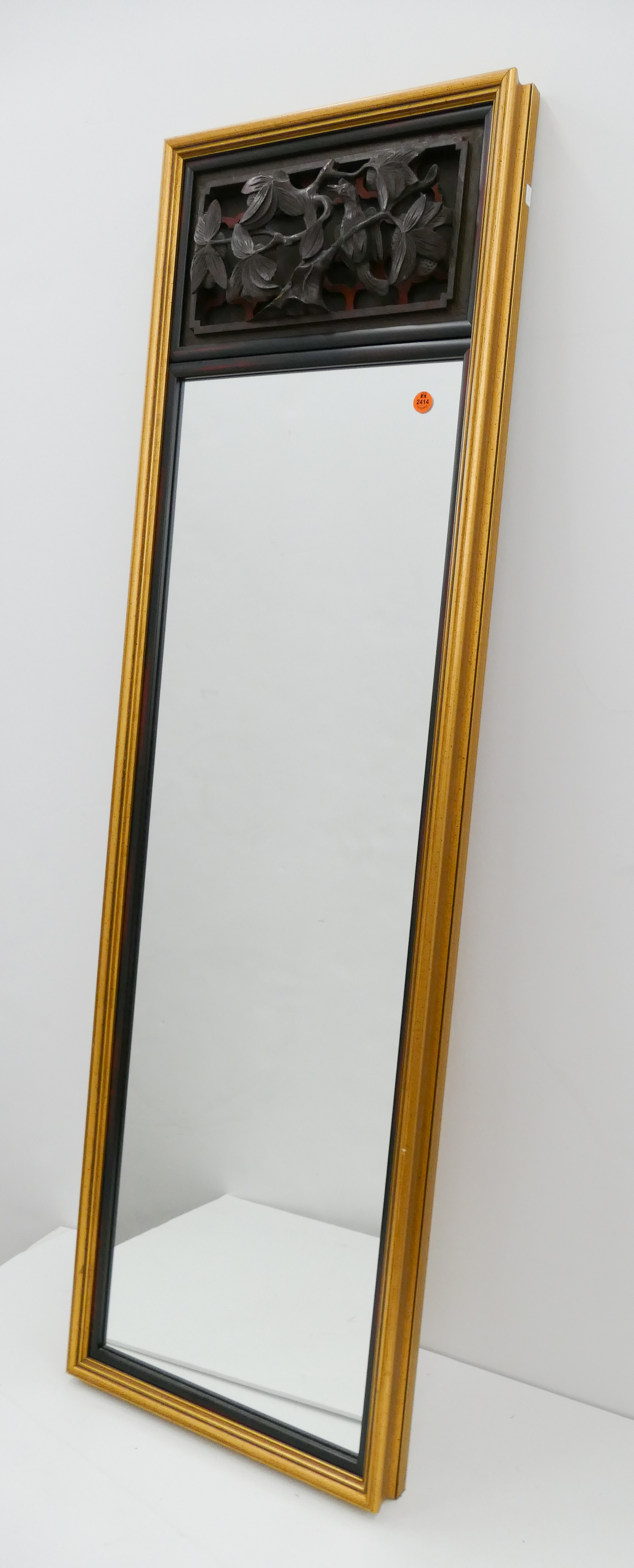 Appraisal: Gold Framed Tall Mirror with Chinese Temple Panel Piece- x