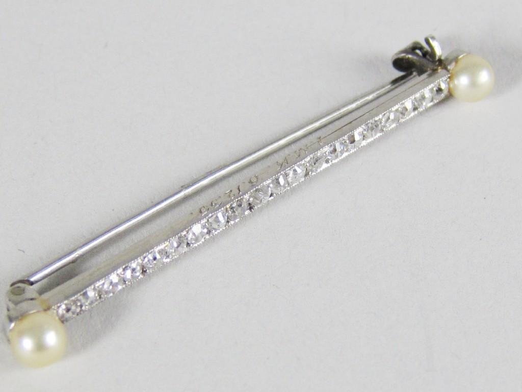 Appraisal: A Diamond and cultured Pearl Bar Brooch pav-set old-cut diamonds