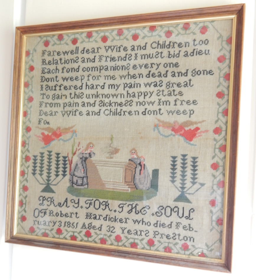 Appraisal: A Victorian motto mourning sampler 'Farewell Dear Wife And Children