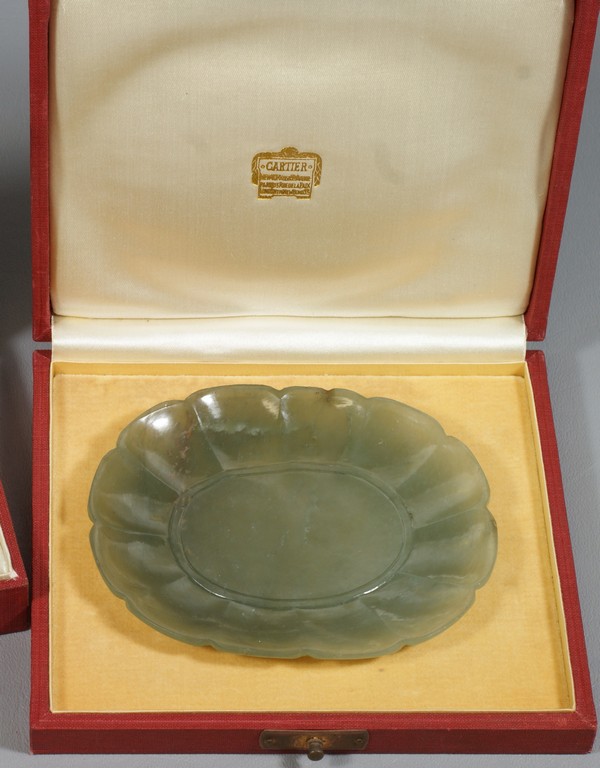 Appraisal: Oval medium green jade tray in fitted Cartier box x