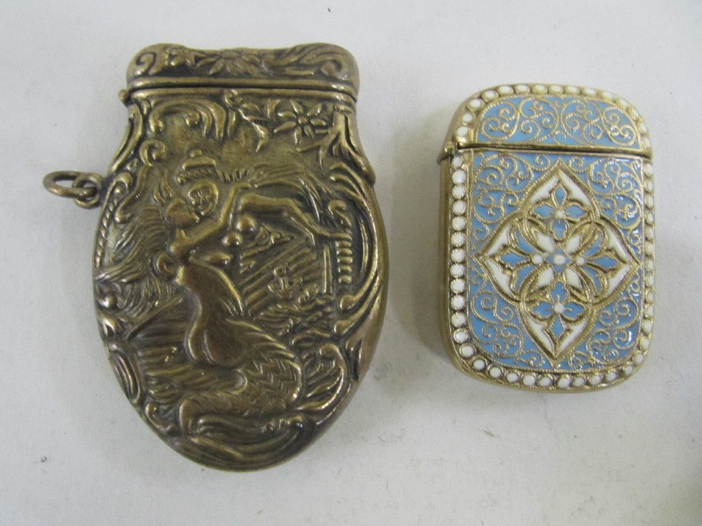 Appraisal: Lot comprising enamelled vesta and a gilt metal example