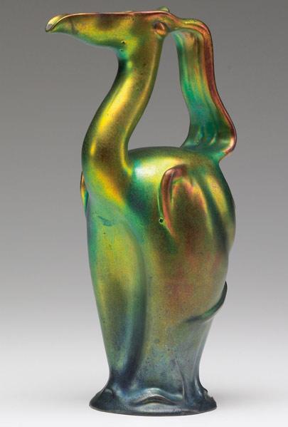 Appraisal: ZSOLNAY Unusual pelican-shaped pitcher in polychrome Eosin glaze Small chip