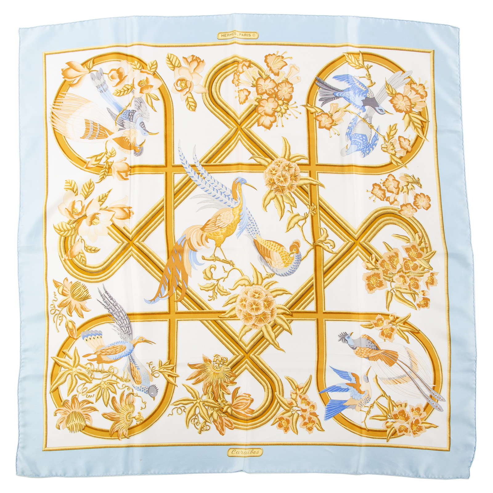 Appraisal: AN HERMES CARAIBES SCARF Blue and yellow Hermes cm silk