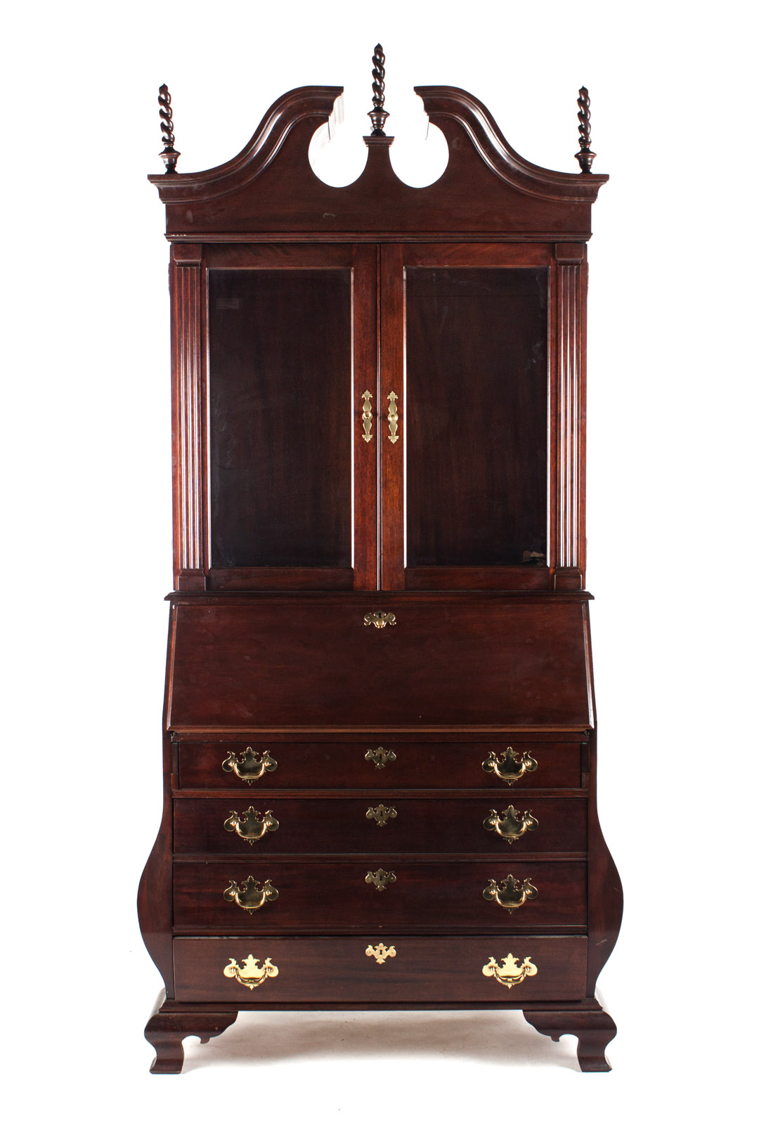 Appraisal: Chippendale style bombe secretary desk mahogany case with split pediment