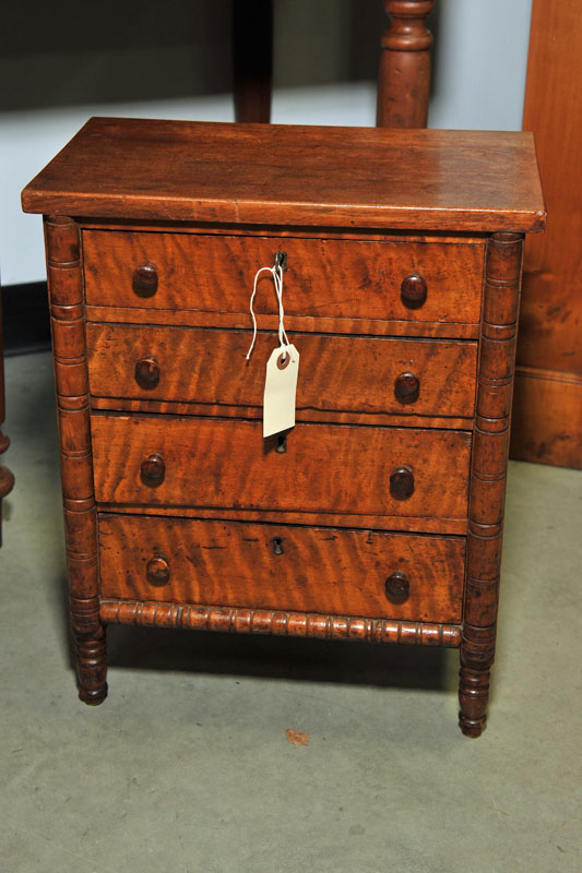 Appraisal: DIMINUTIVE CHEST OF DRAWERS Walnut having ring turned columns four