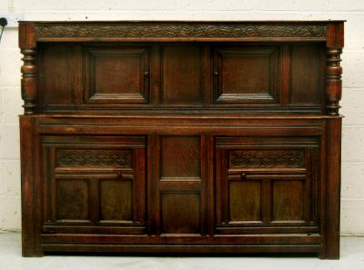 Appraisal: AN OAK COURT CUPBOARD late th century the frieze carved