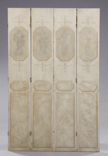 Appraisal: French Painted Wooden Four-Panel Folding Screen ecru- and grisaille-decorated in