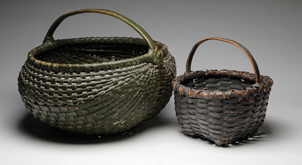 Appraisal: TWO AMERICAN PAINTED BASKETS Early th century Woven splint with