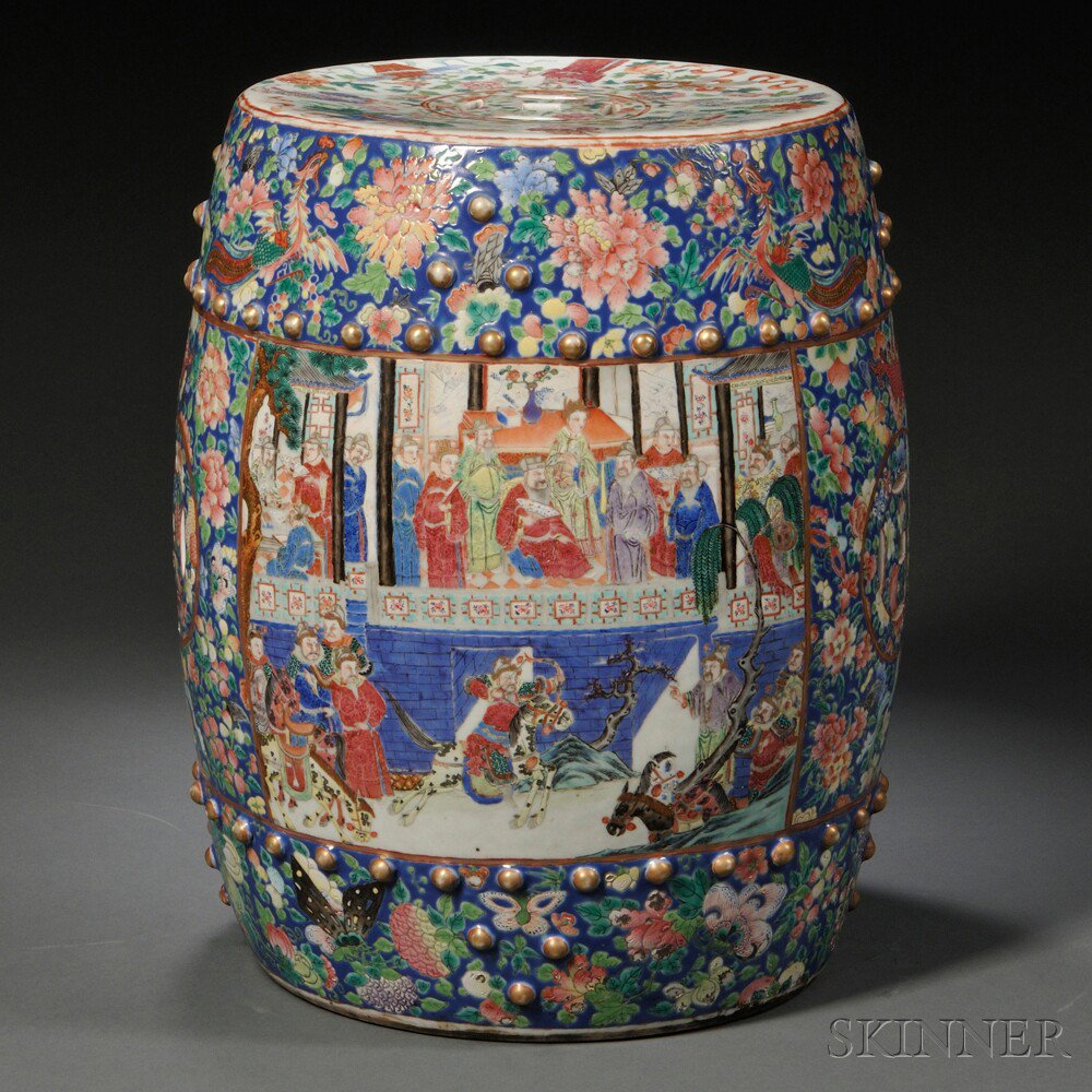 Appraisal: Famille Rose and Blue Garden Seat China th century barrel