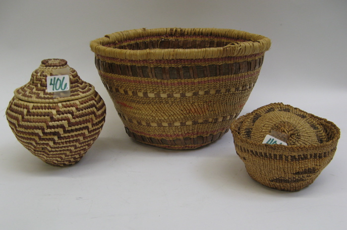 Appraisal: THREE NATIVE HAND WOVEN BASKETS the largest a Northwest Coastal