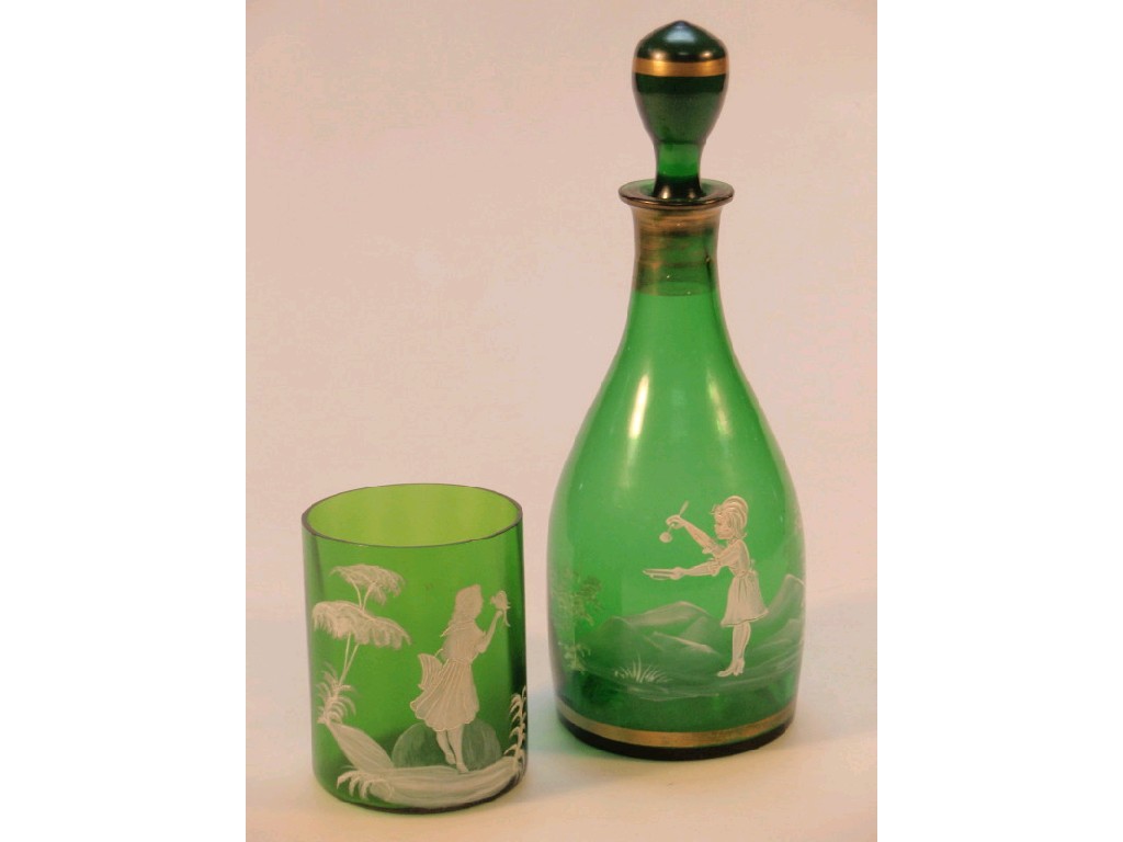 Appraisal: A Mary Gregory style green glass decanter enamelled in white