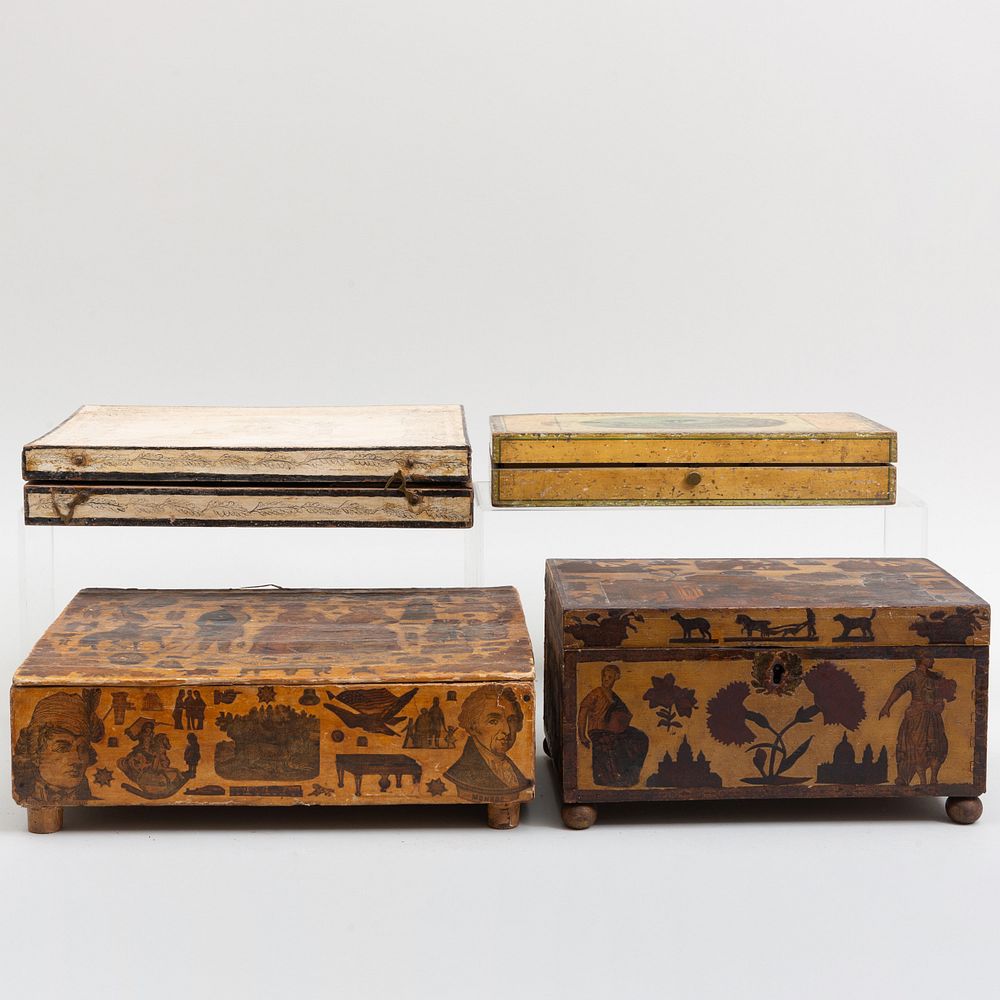 Appraisal: Group of Four Decorated Table Boxes Comprising Two decoupage boxes