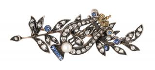 Appraisal: A FABERGE GOLD DIAMOND SAPPHIRE AND PEARL PRESENTATION BROOCH WITH