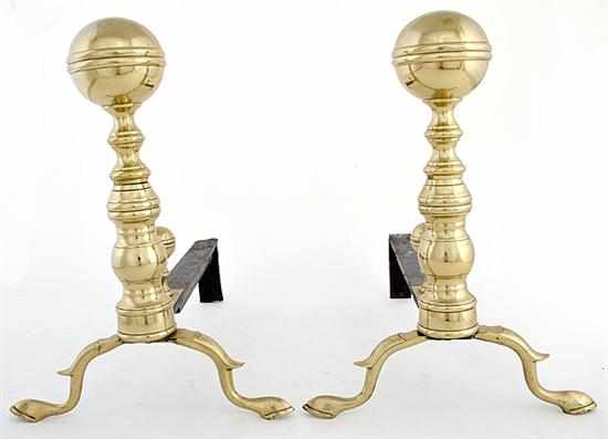 Appraisal: Federal brass belted ball-top andirons Boston early th century spherical