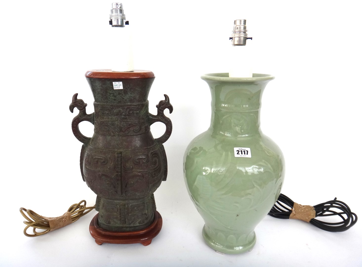 Appraisal: A modern celadon pottery lamp base a modern Chinese patinated