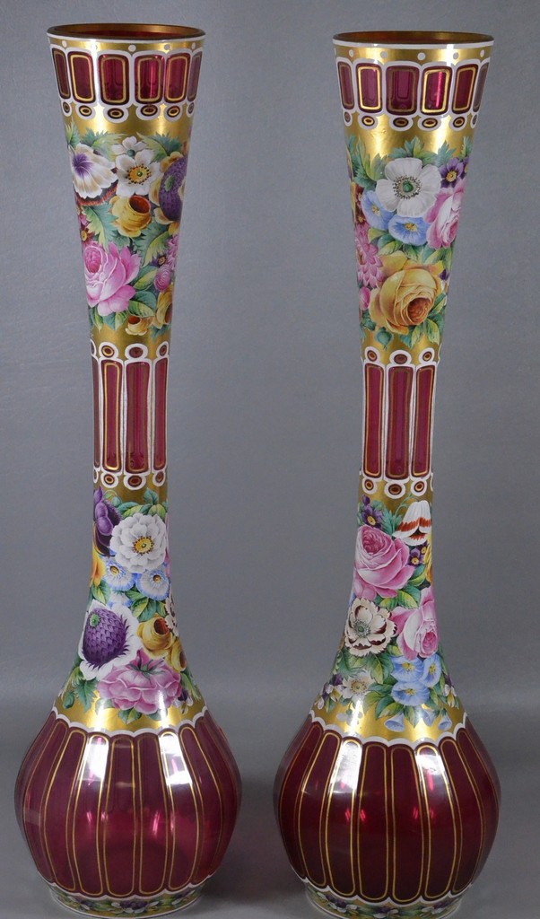 Appraisal: Pr enameled faceted cranberry Bohemian glass vases tall no damage