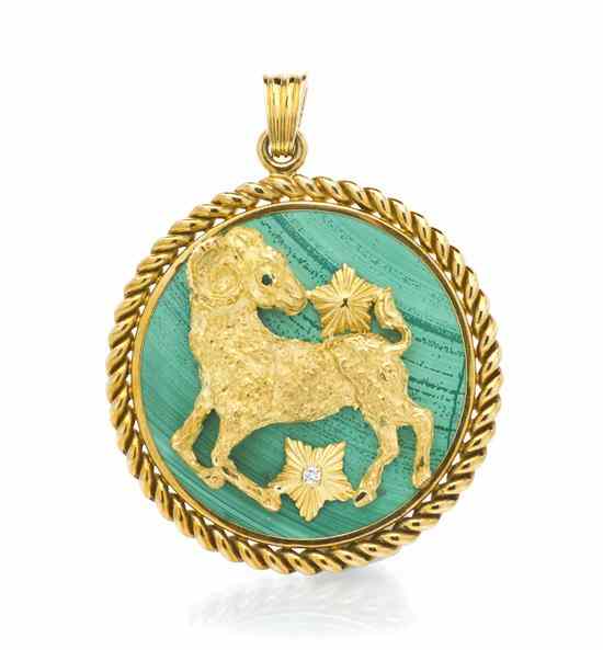 Appraisal: An Karat Yellow Gold Malachite Diamond and Emerald Aries Pendant