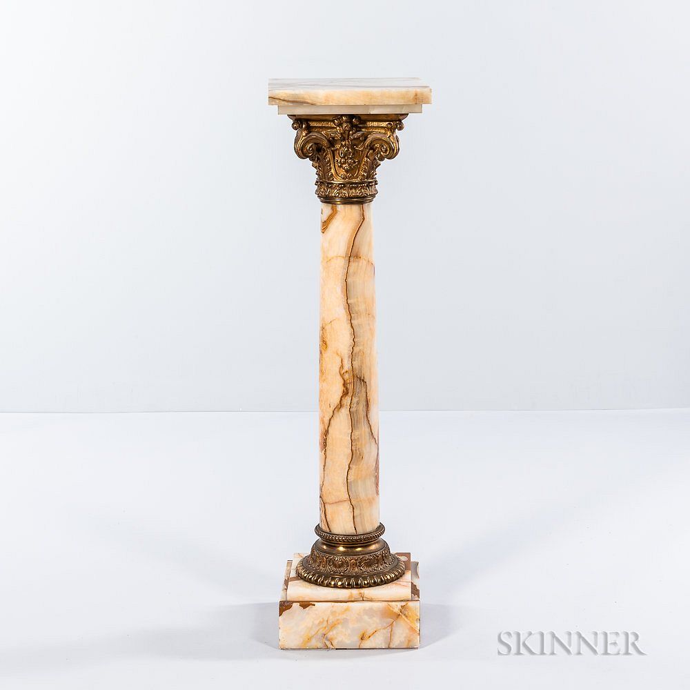 Appraisal: Alabaster and Gilt-bronze Pedestal Alabaster and Gilt-bronze Pedestal square top