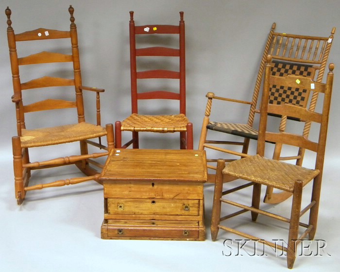 Appraisal: Four Assorted Rockers Slat-back Chairs and a Victorian Wooden Lidded