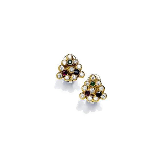 Appraisal: GEMSTONE AND DIAMOND EAR CLIPS Yellow gold Decorative ear clips