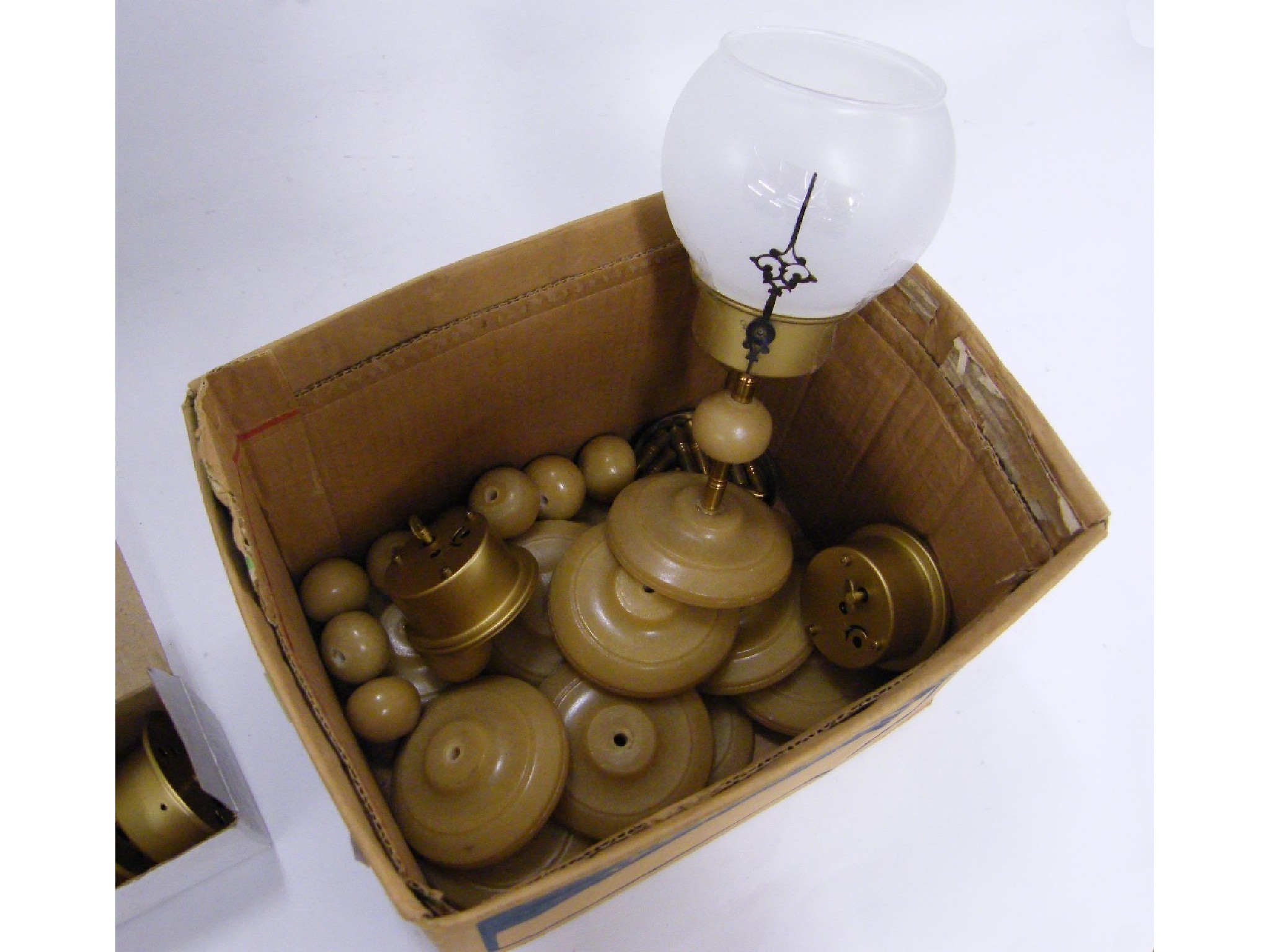 Appraisal: Three boxes containing reproduction candle clock parts including glass globes