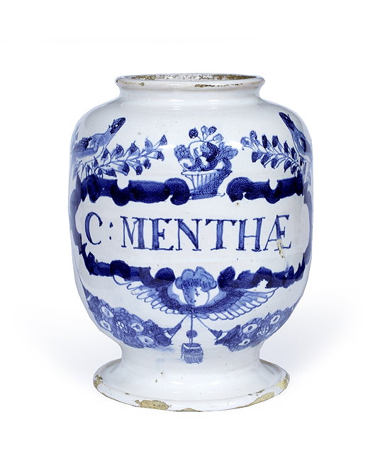 Appraisal: A Delftware drug jar Lambethearly th Centuryhaving a blue cartouche