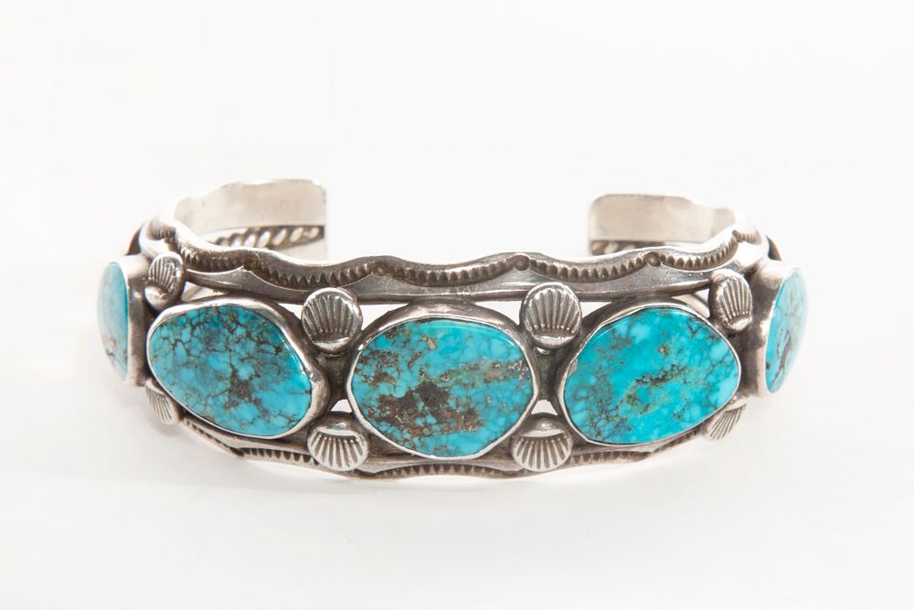 Appraisal: A Fred Thompson Five Stone Turquoise and Silver Cuff Bracelet