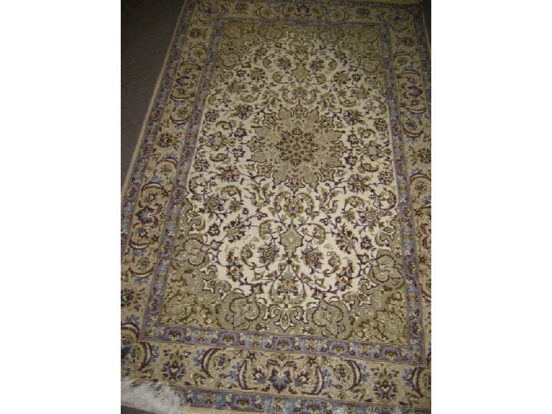 Appraisal: FINE PERSIAN DESIGN THROW RUG The ivory field of curvilinear