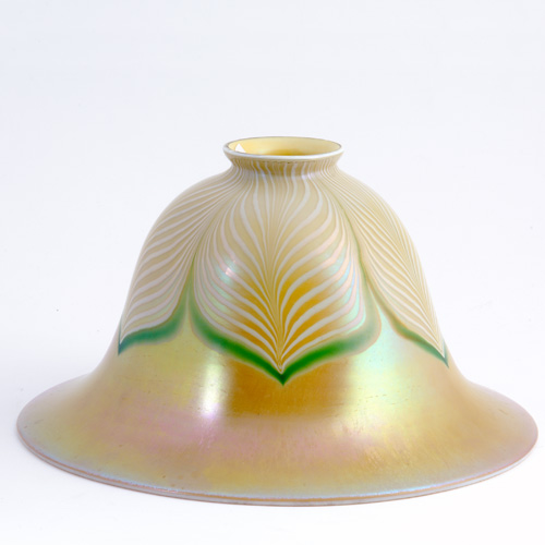 Appraisal: QUEZAL Large bell-shaped shade with white and green pulled feather